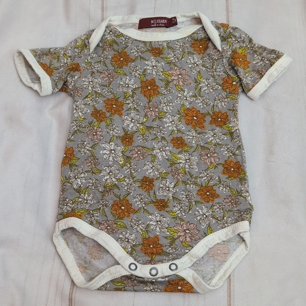 Milkbarn Bamboo Floral Bodysuit Size 3 to 6 Months Beautiful Flowers Orange Pink